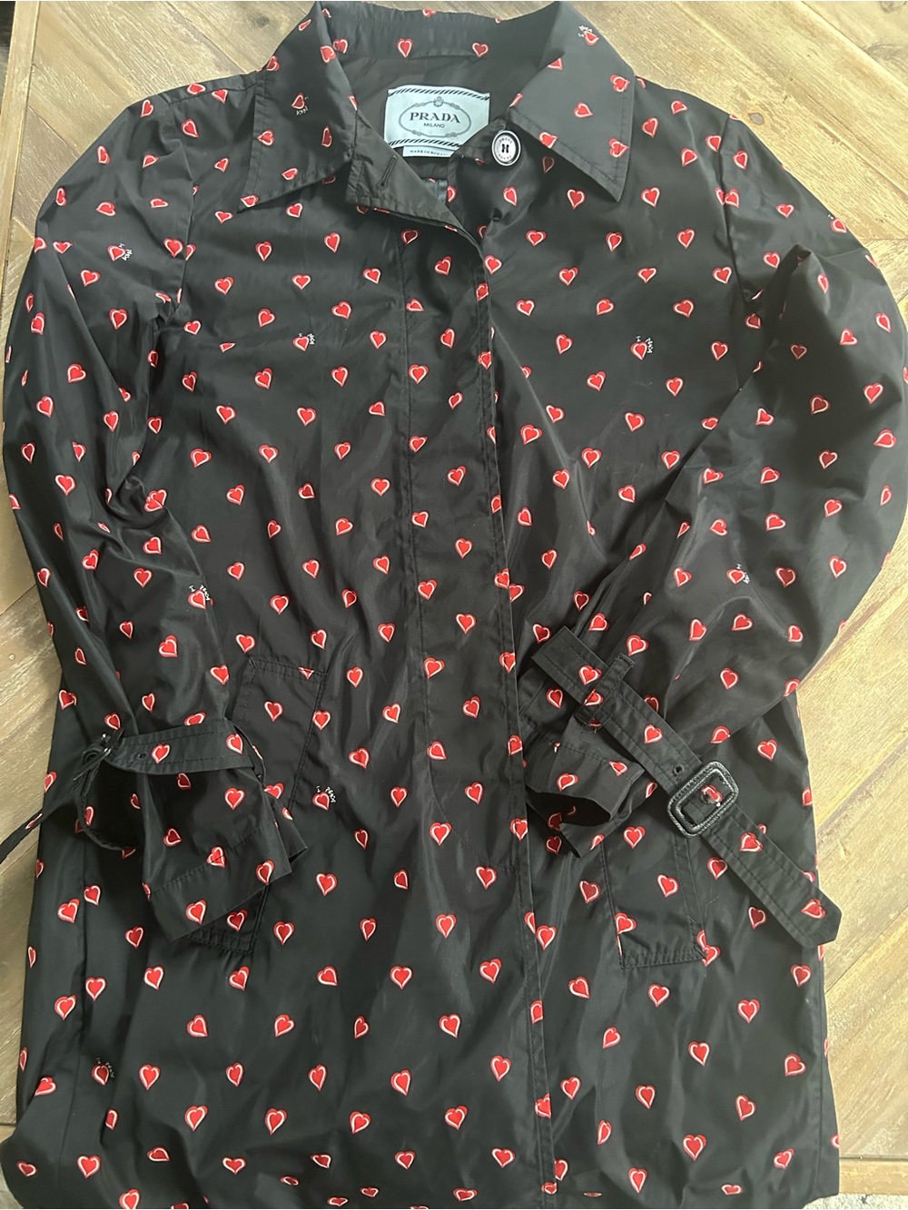 Prada Black Trench Coat with Red Heart Print